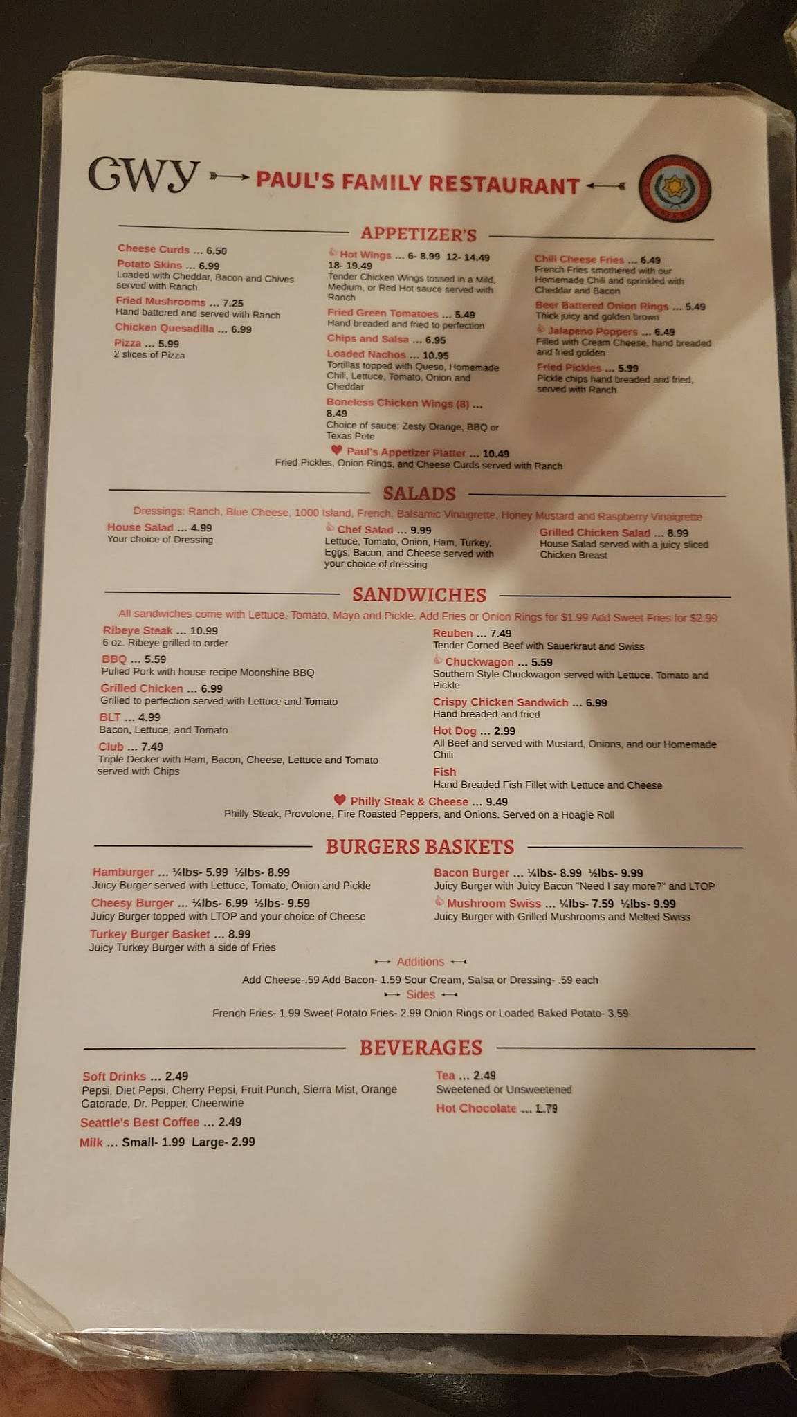 Menu at Paul's Family Restaurant, Cherokee