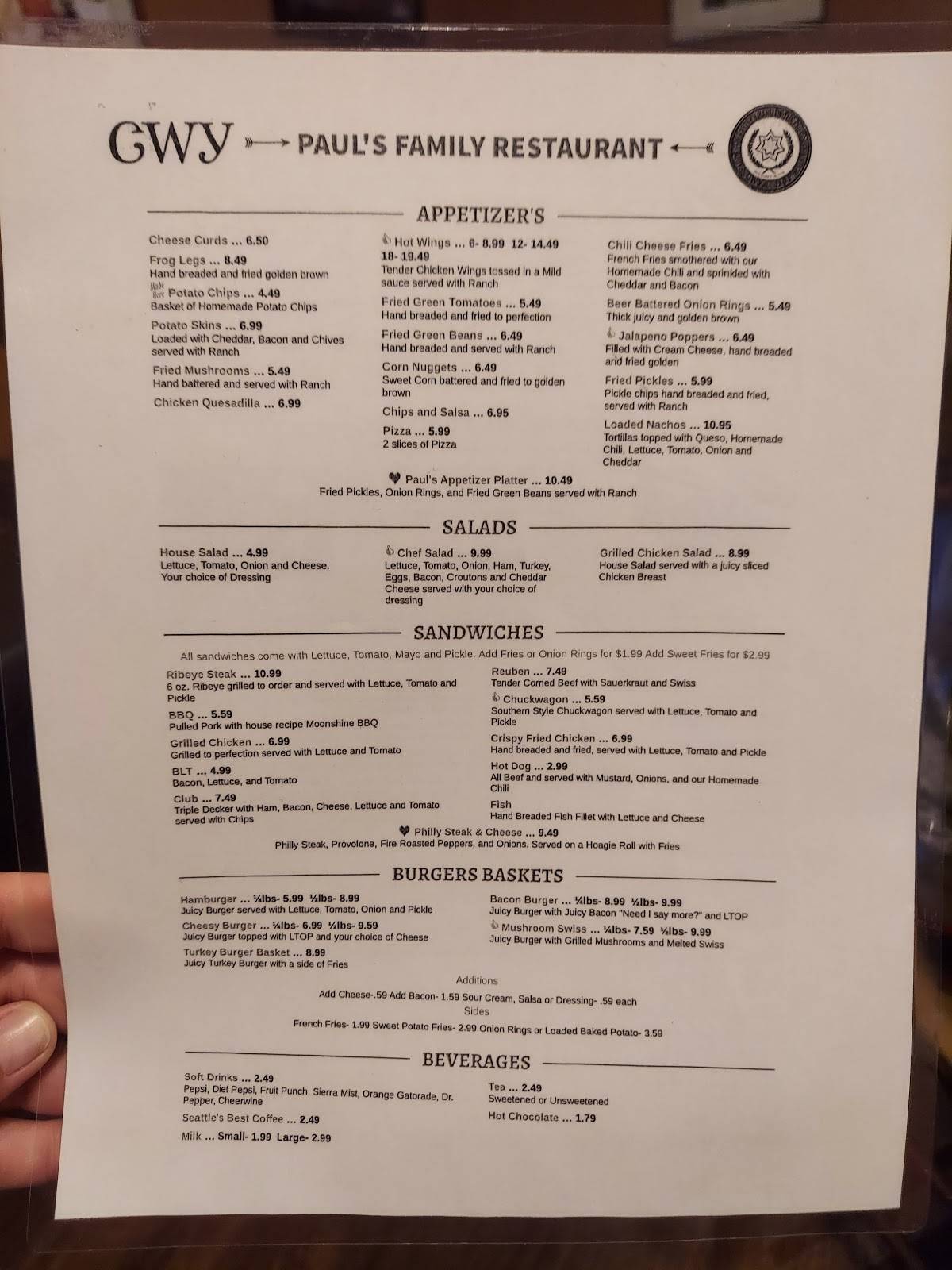 Menu at Paul's Family Restaurant, Cherokee
