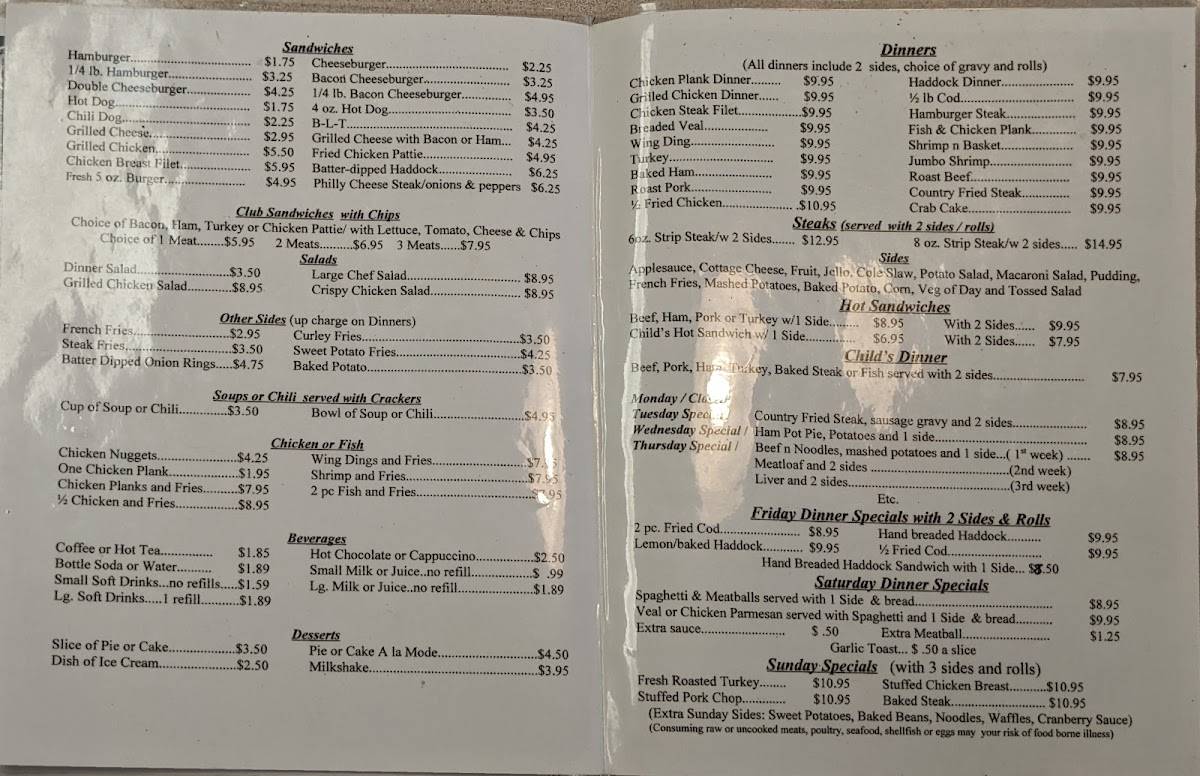 Menu at Peggy's Diner cafe, Claysburg, US220