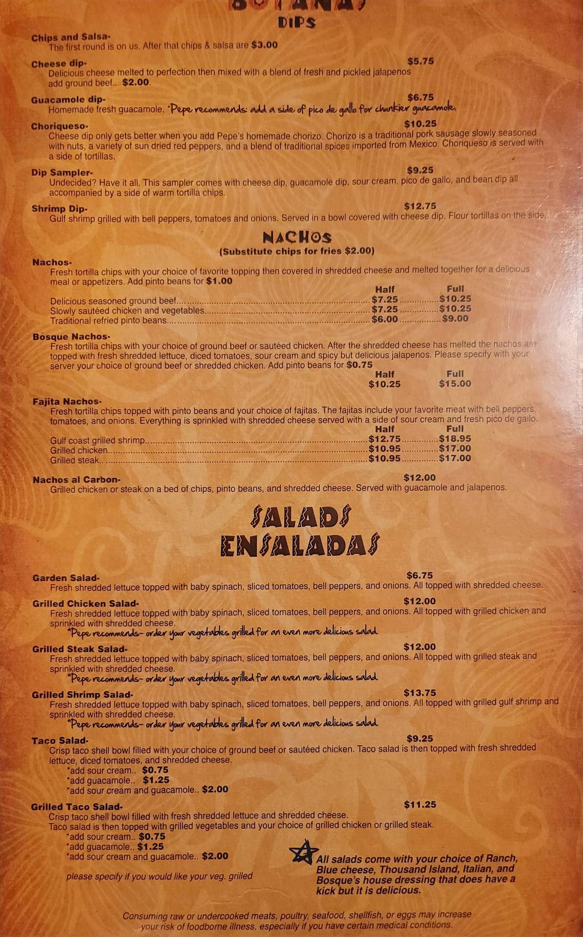 Menu at Pepe’s Bosque Mexican Grill restaurant, D'Iberville