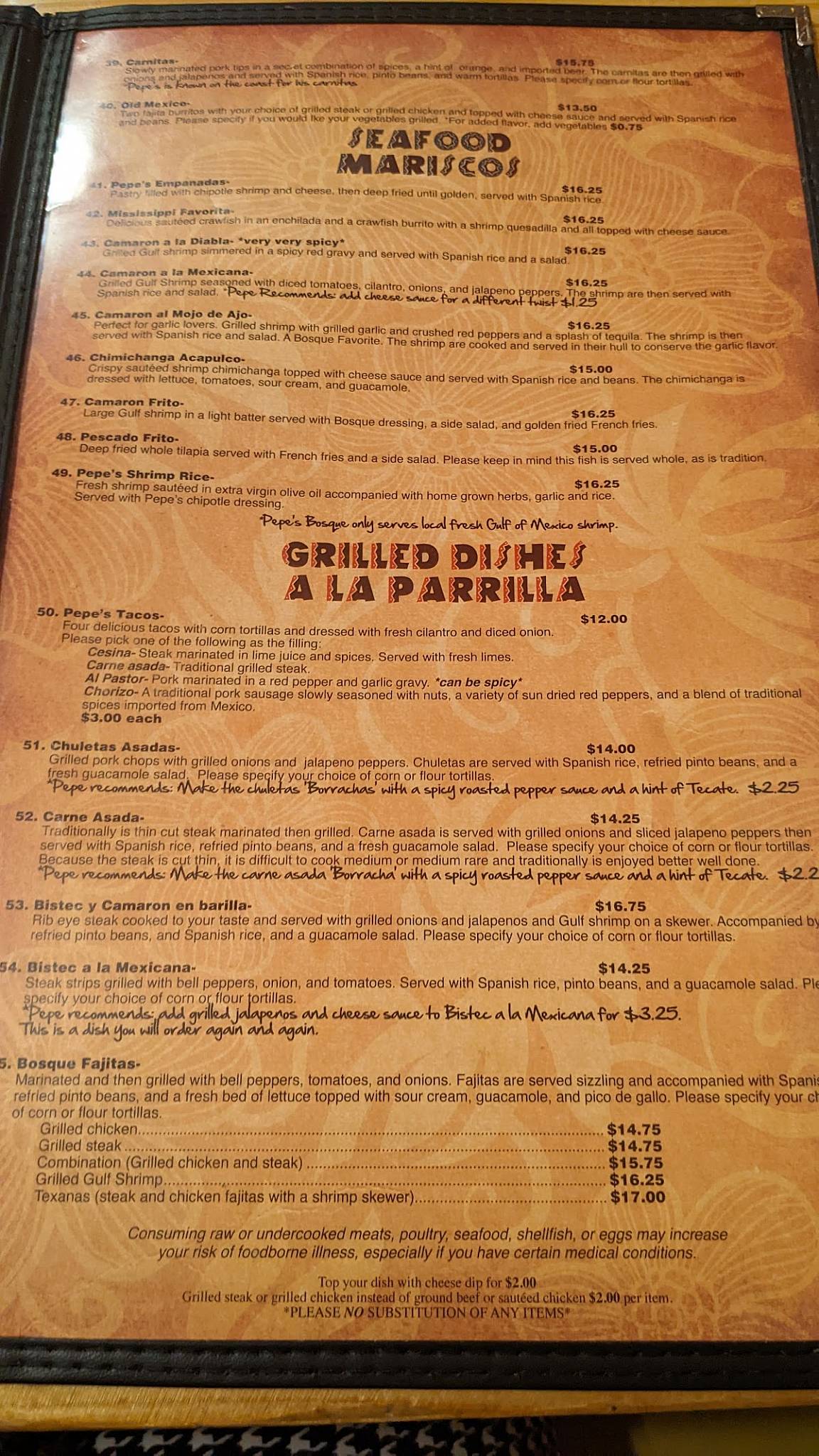 Menu at Pepe’s Bosque Mexican Grill restaurant, D'Iberville