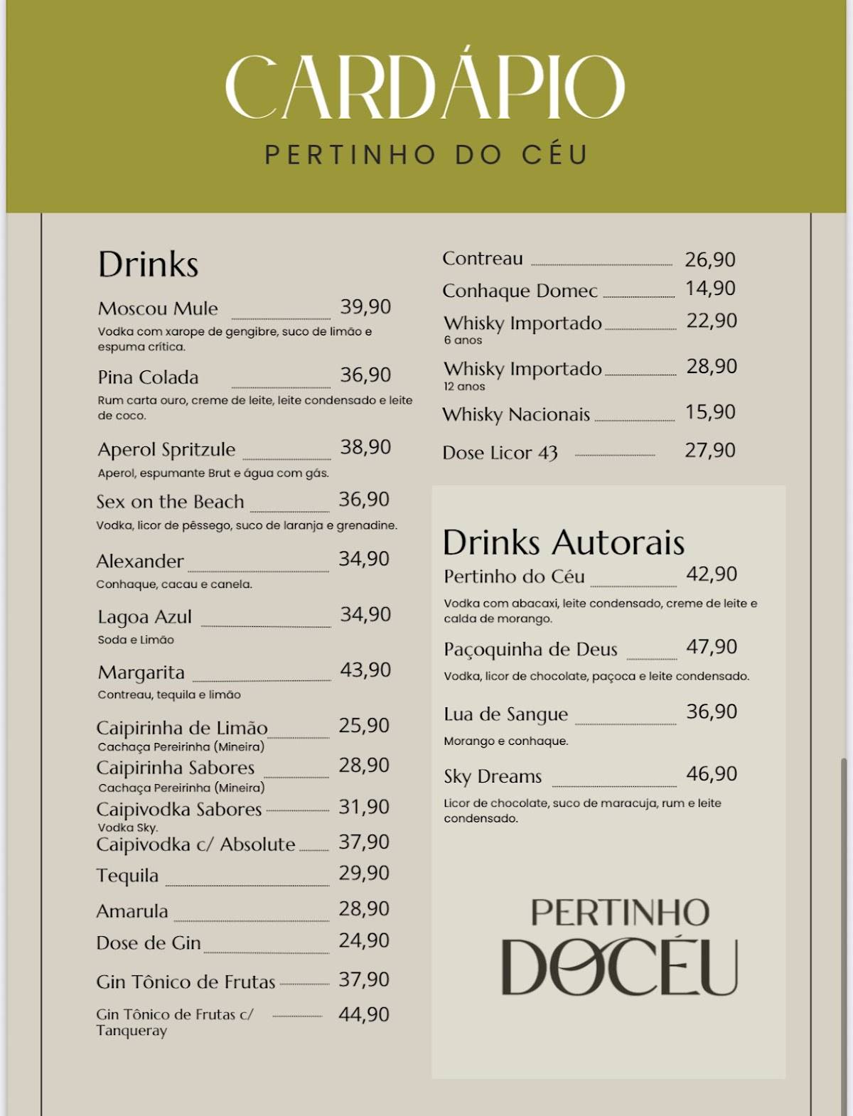Pertinho do Céu cardápio