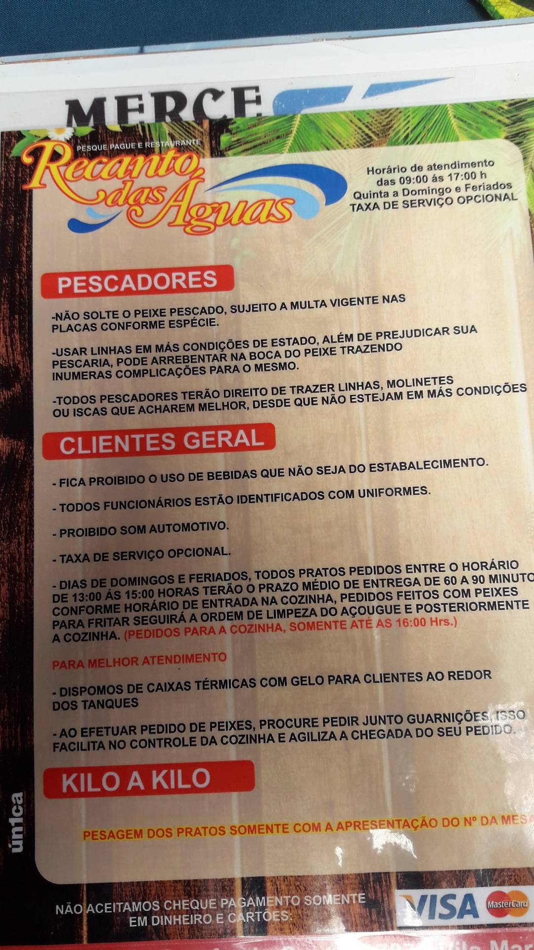 Pesque-Pague Recanto das Águas cardápio