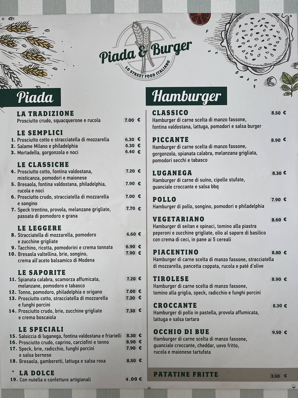 Menu di Piada & Burger 