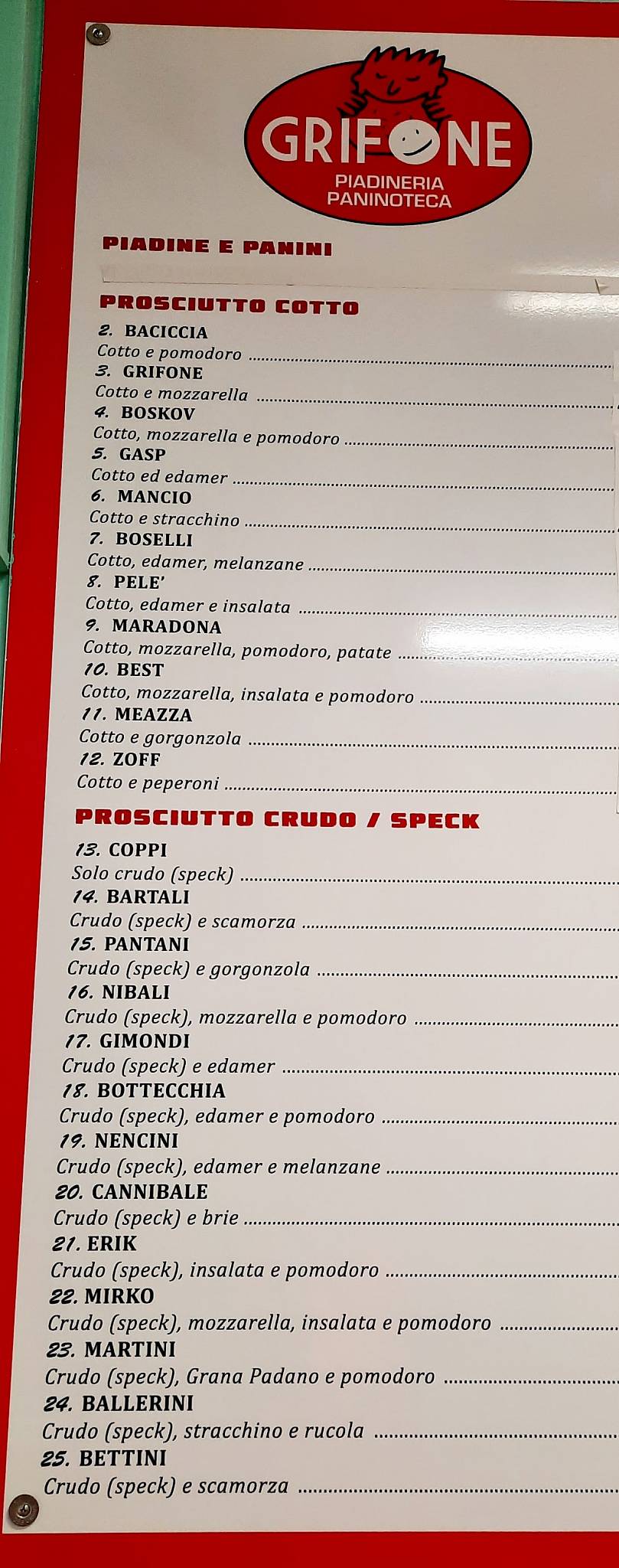 Menu di Piadineria Paninoteca Grifone 