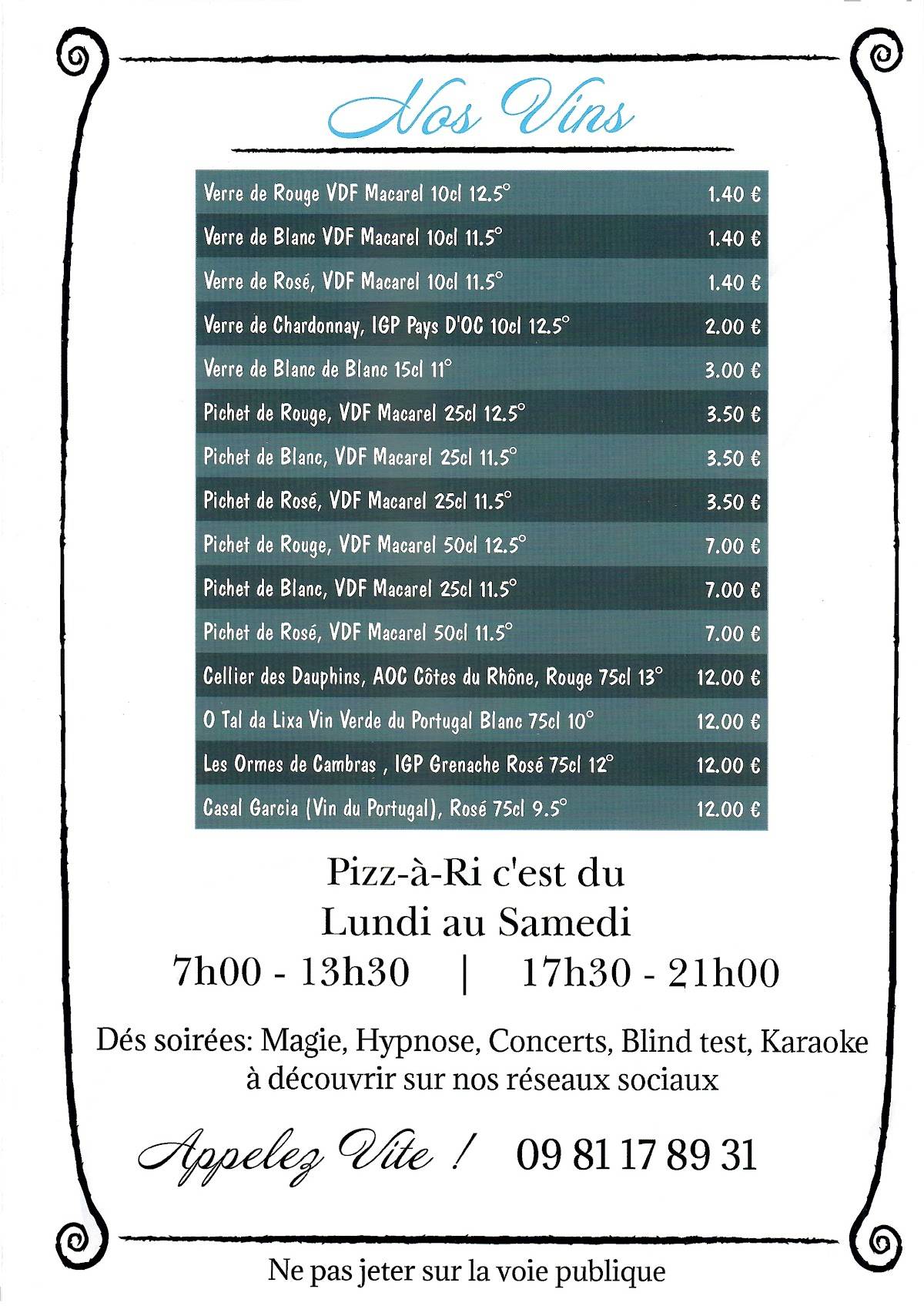 Menu de Pizz-à-ri