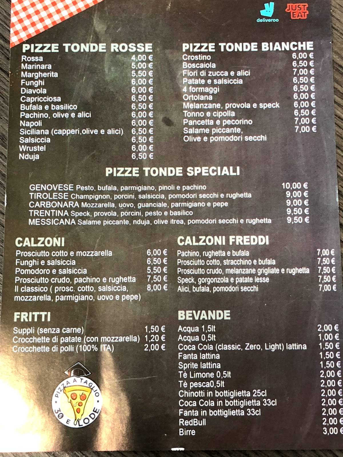 Menu di Pizza Al Taglio 30 e Lode 