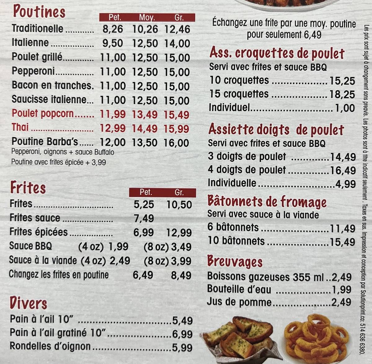Menu de Pizza Barbas l'Assomption