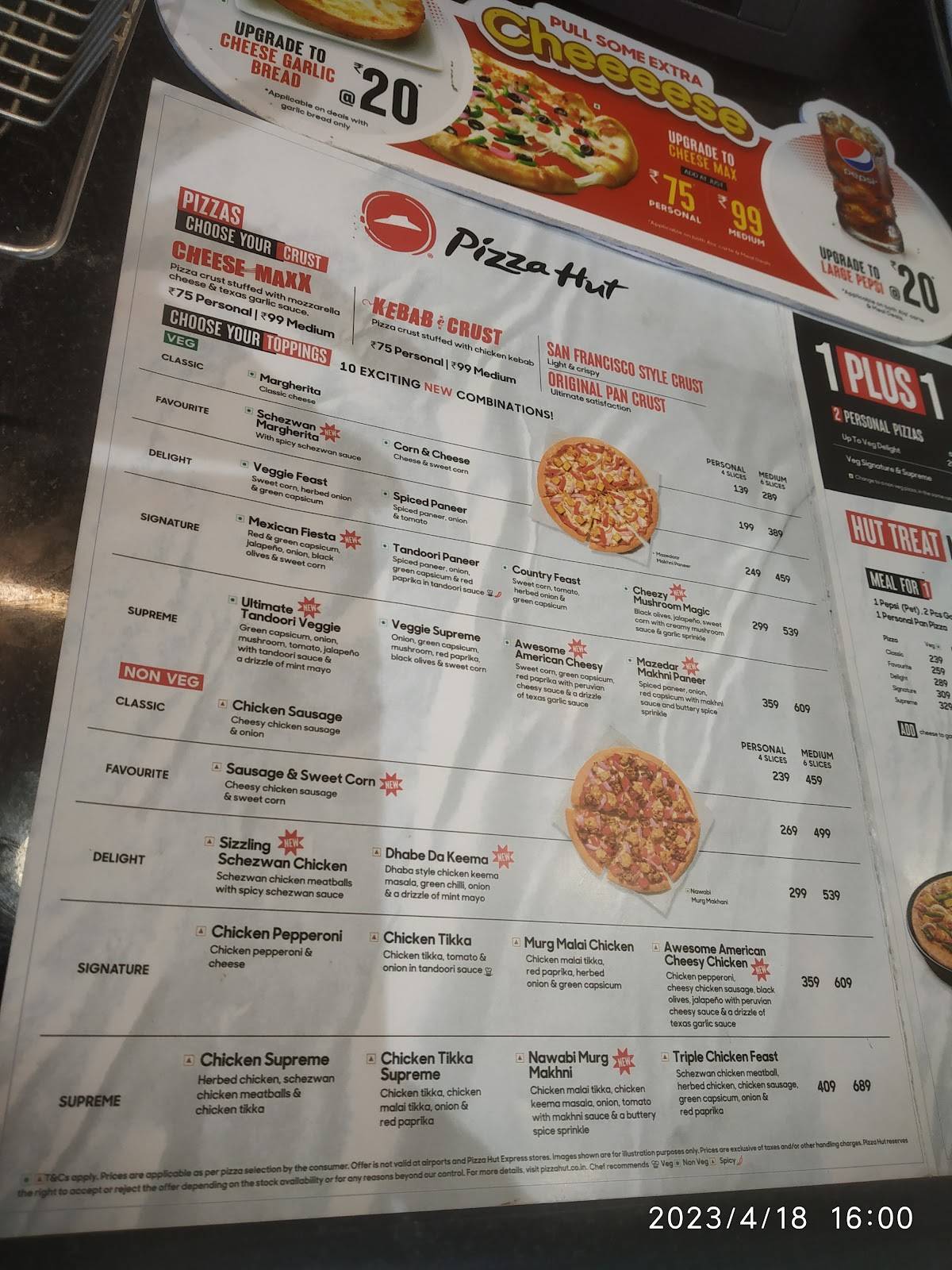 Pizza Hut Kottaramattom, Pala menu