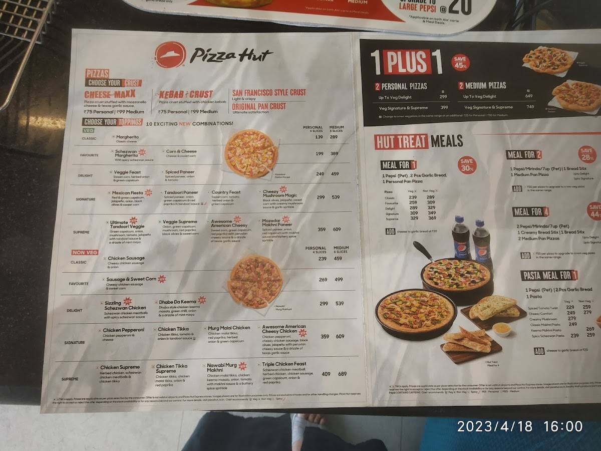 Pizza Hut Kottaramattom, Pala menu