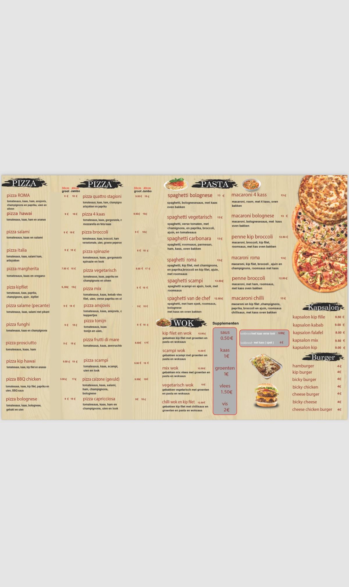 Menu au Pizza Roma, Tirlemont
