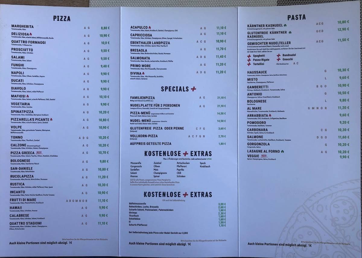 Speisekarte von Pizzarella Plus, Ebenthal in Kärnten