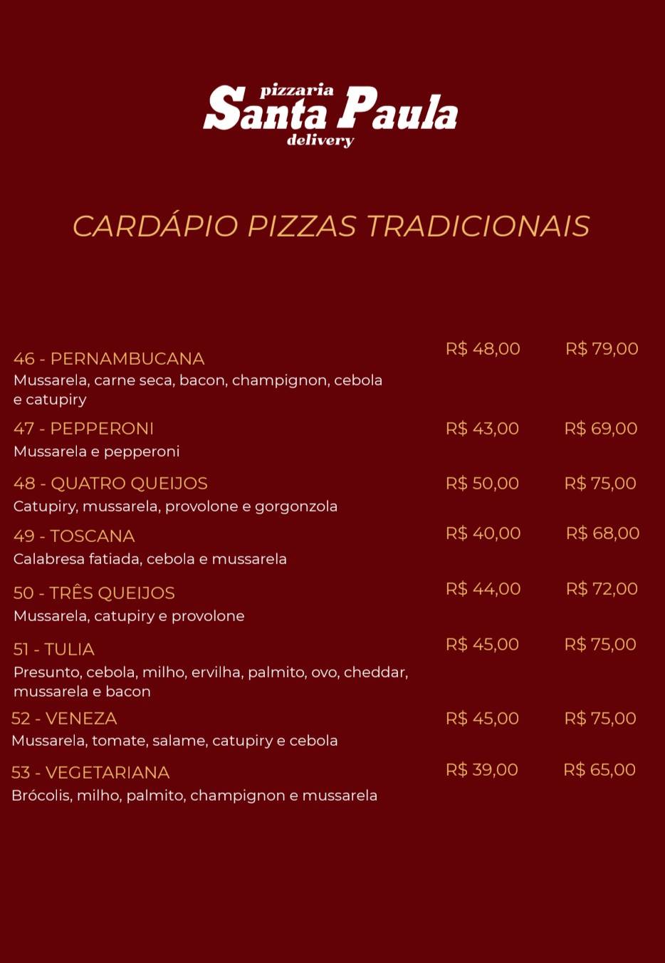 Pizzaria Santa Paula cardápio