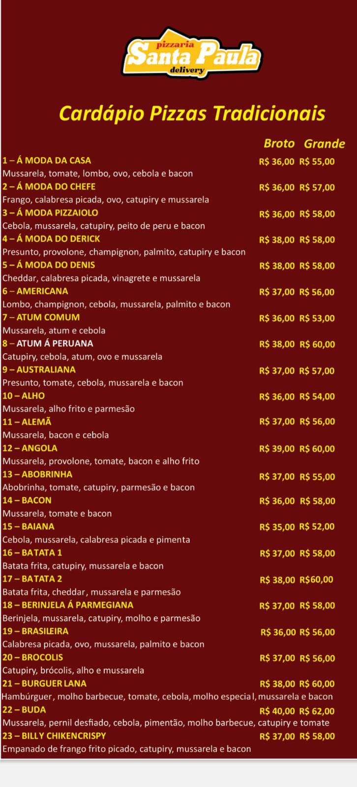 Pizzaria Santa Paula cardápio