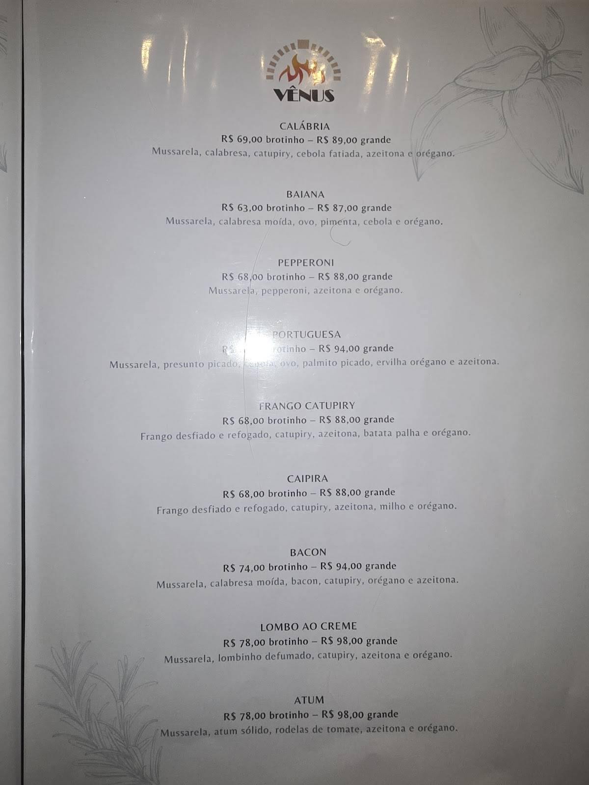 Pizzaria Vênus cardápio