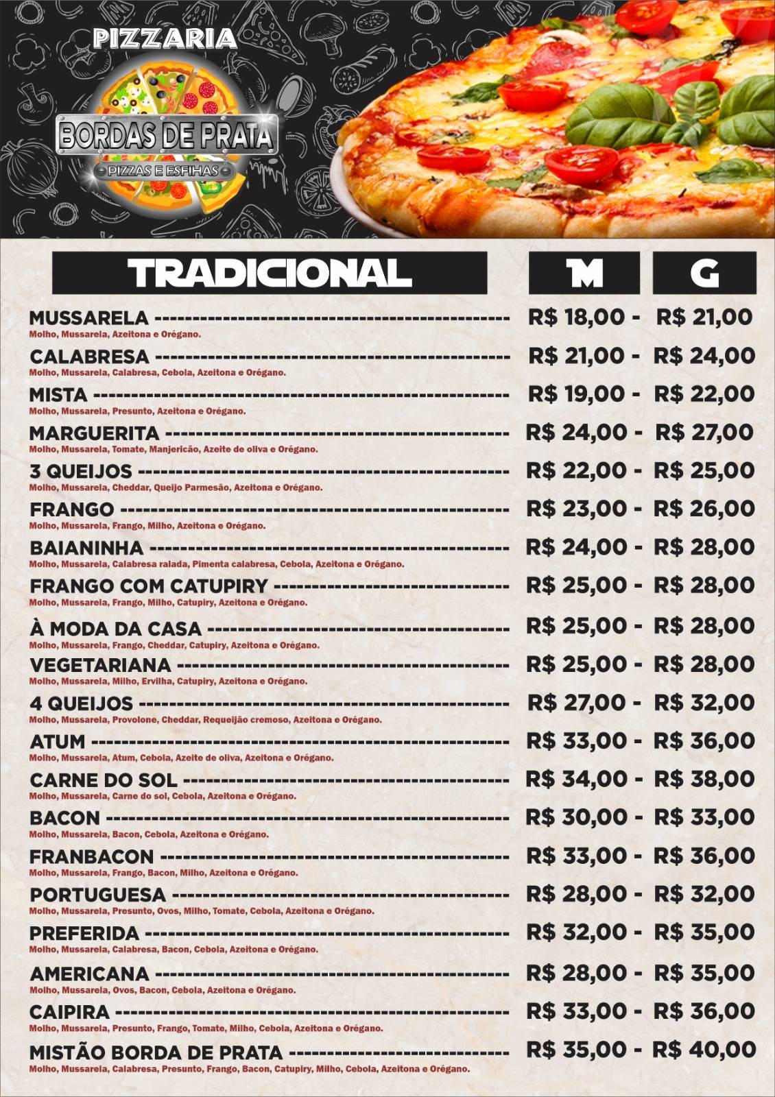 Pizzaria bordas de prata cardápio
