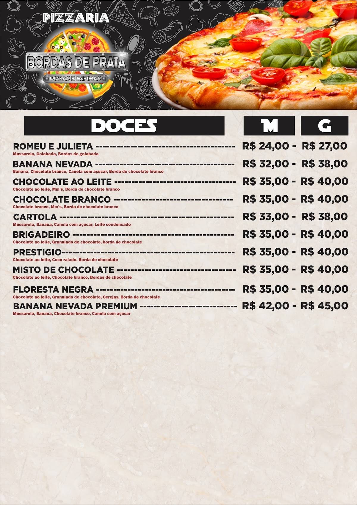 Pizzaria bordas de prata cardápio