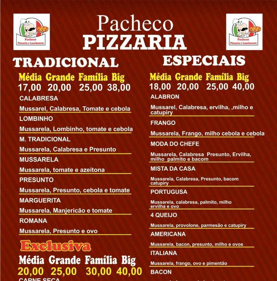 Pizzaria delivery pacheco cardápio