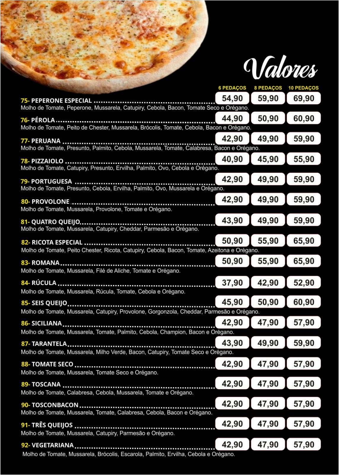 Pizzaria perola cardápio