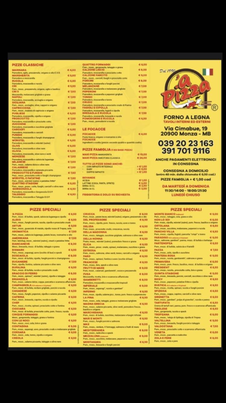 Menu di 'A Pizza S.N.C. di Villa Alessio e Villa Cristiano 