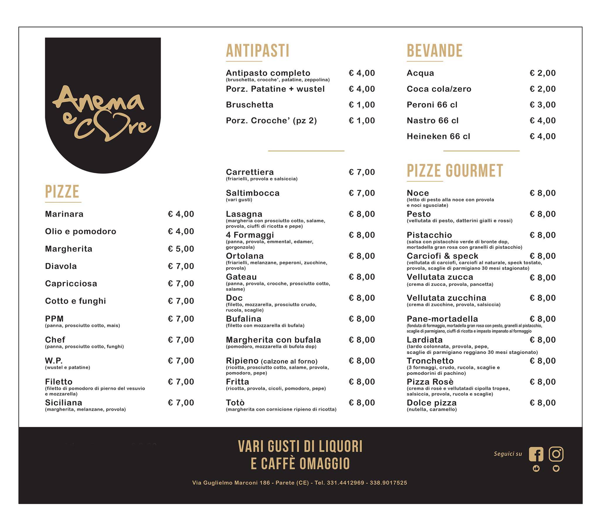 Menu di Anema e Core 