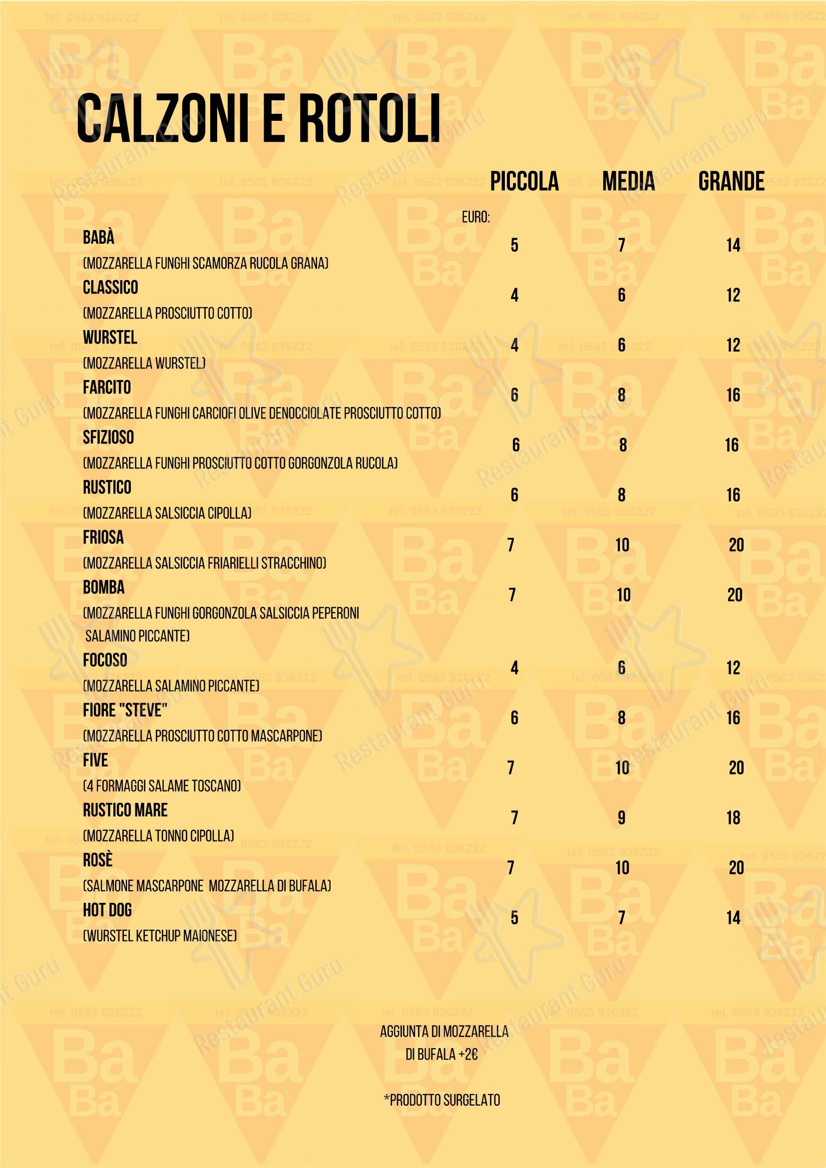 Menu bar per Pizzeria Babà in Capannori