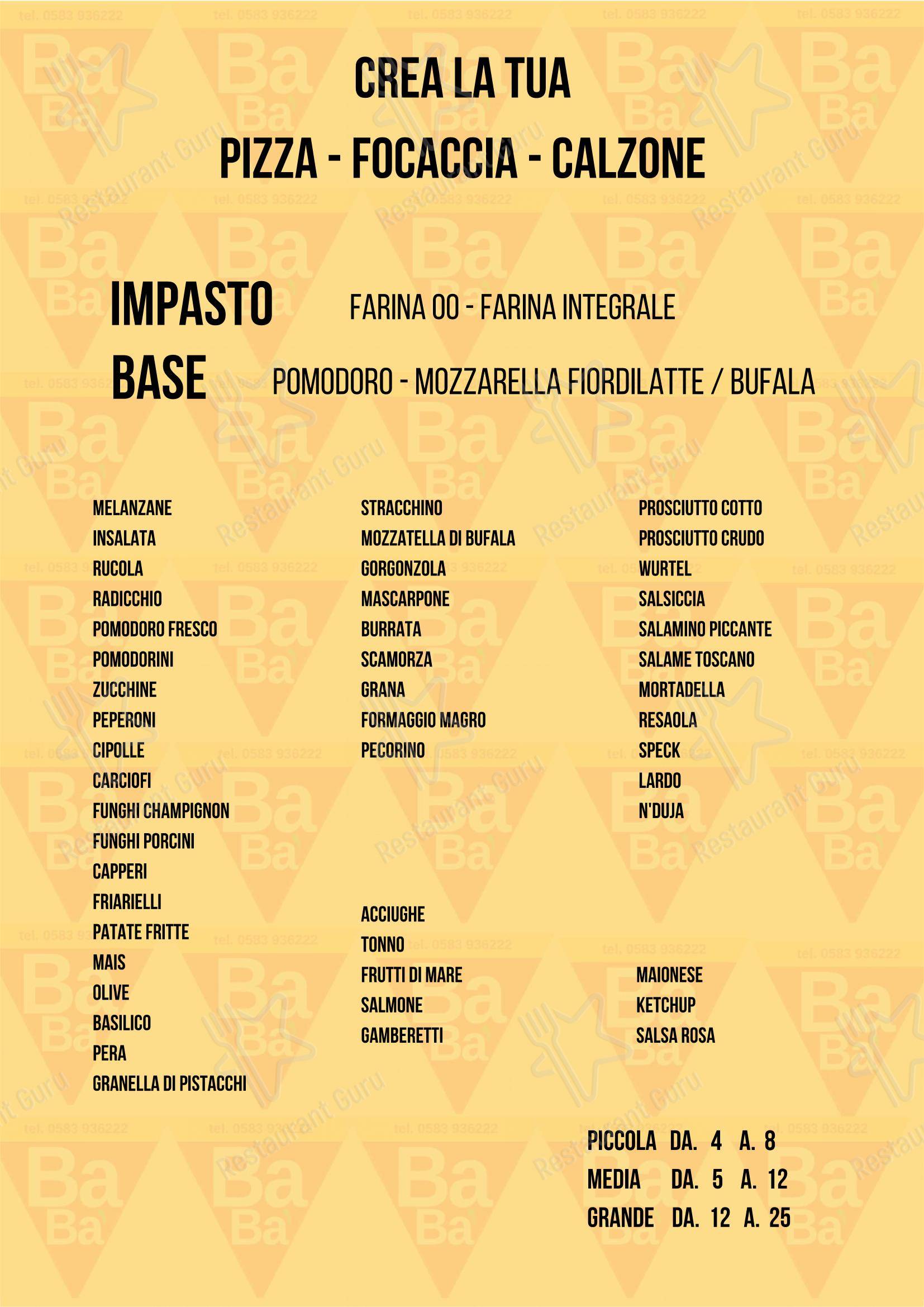Menu bar per Pizzeria Babà in Capannori