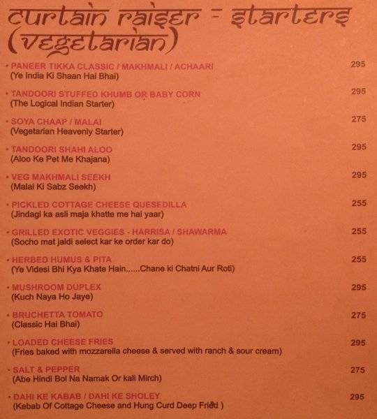 Bollywood Biistro menu