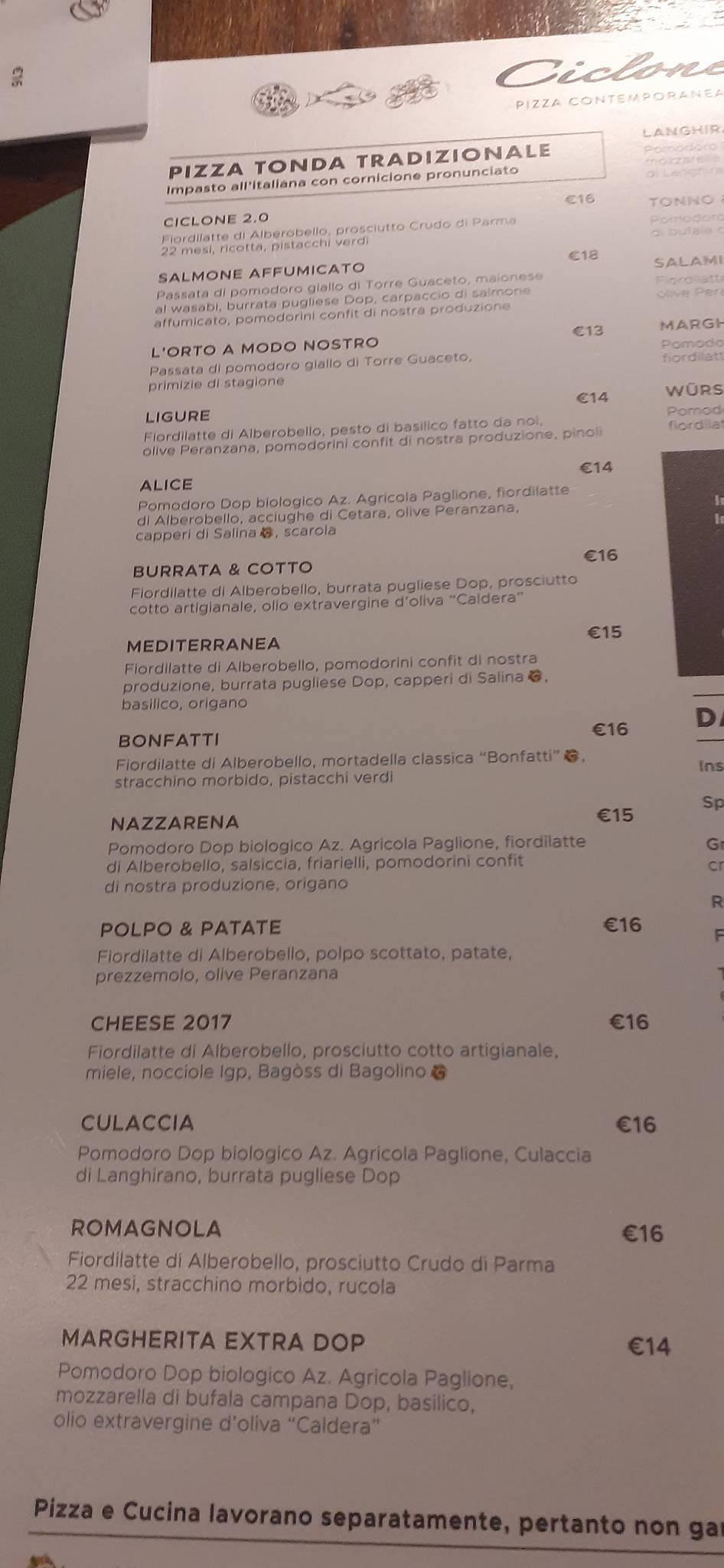 Menu di Pizzeria Ciclone 