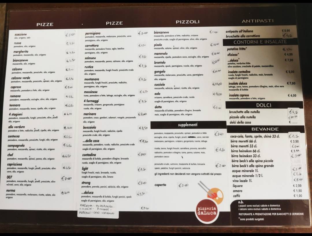 Menu at Pizzeria Da Luca