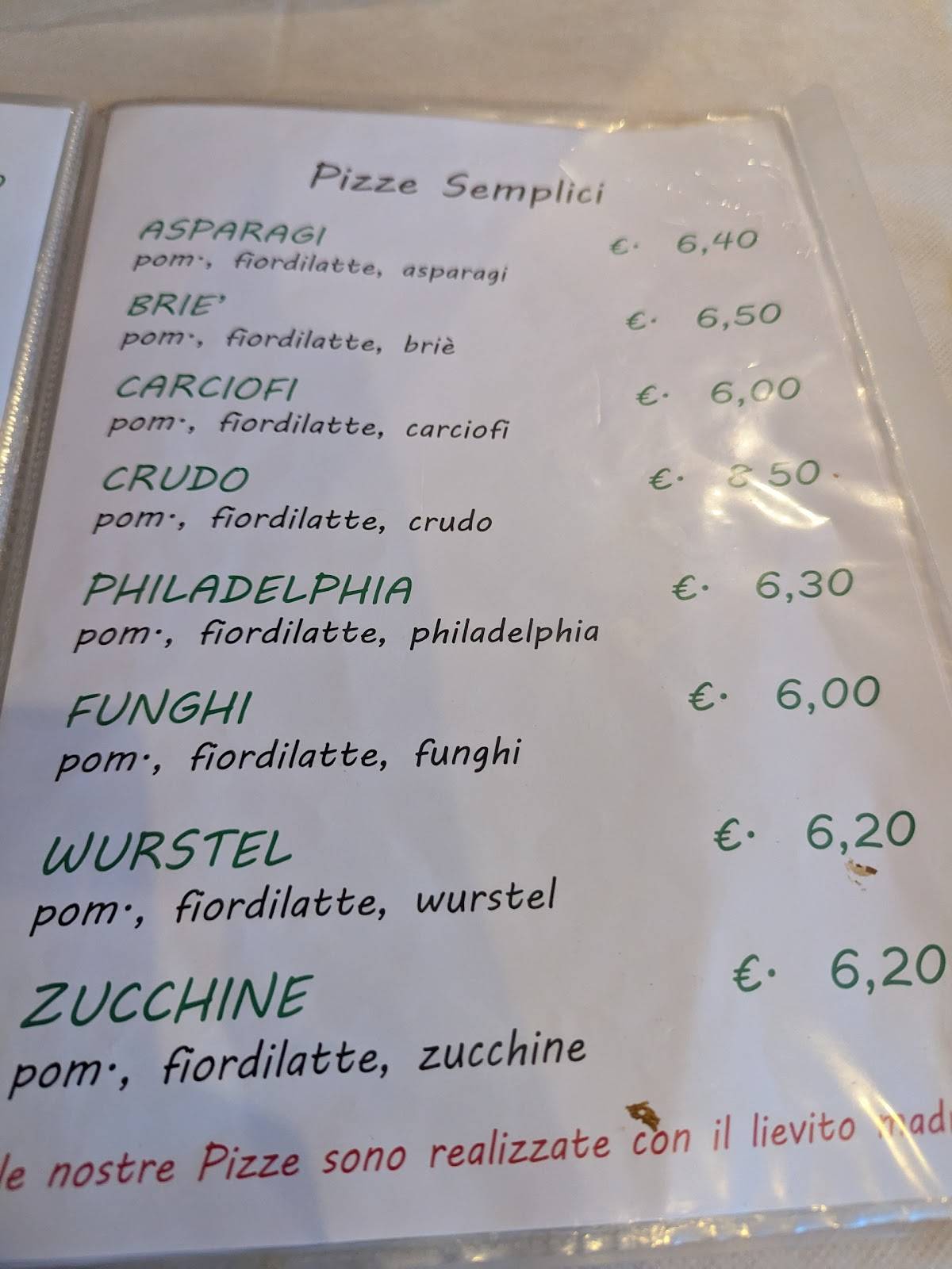Menu di Pizzeria Florida 