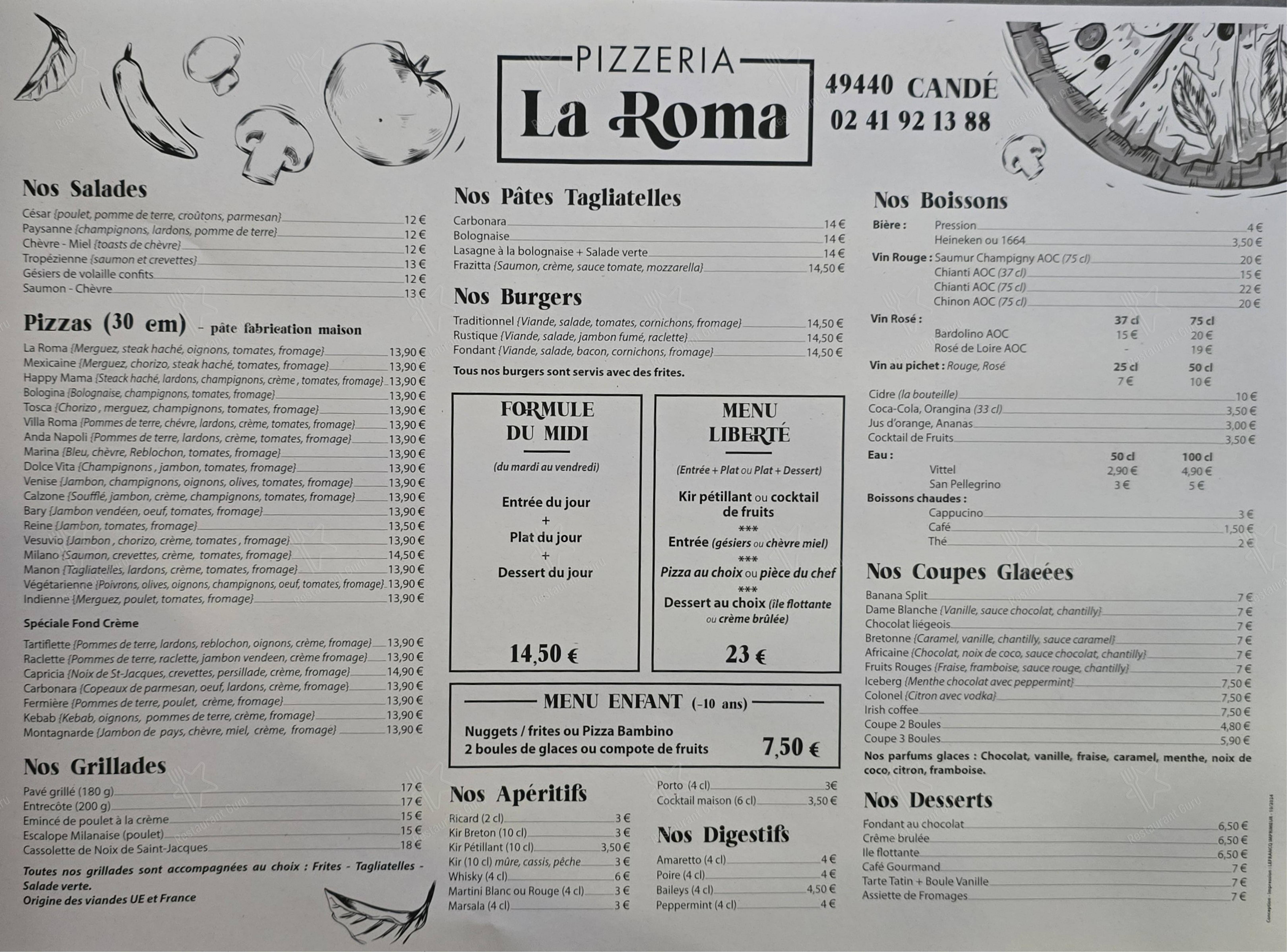 Menu pour Pizzeria La Roma pizzeria