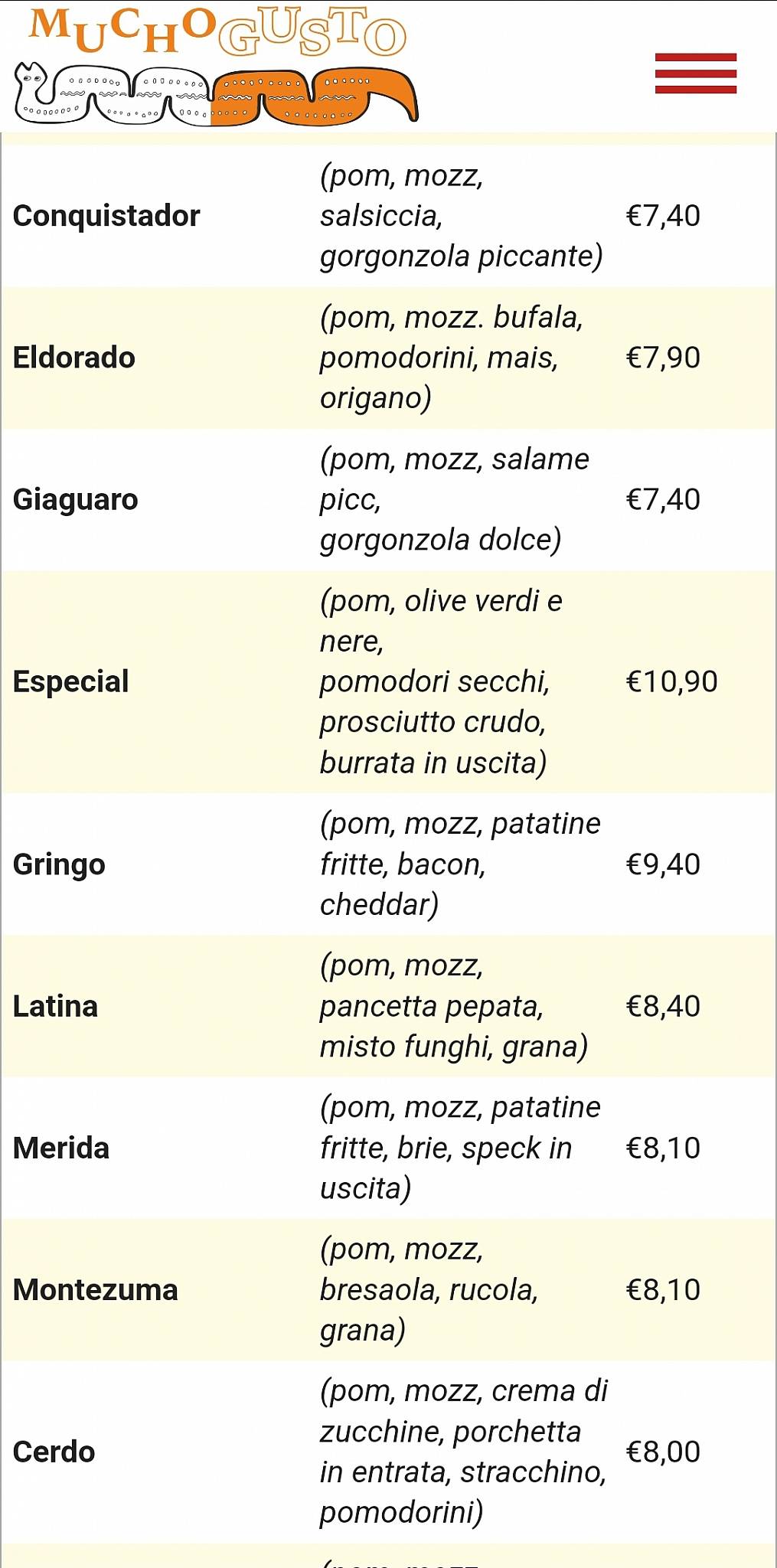 Menu di Pizzeria Mucho Gusto 