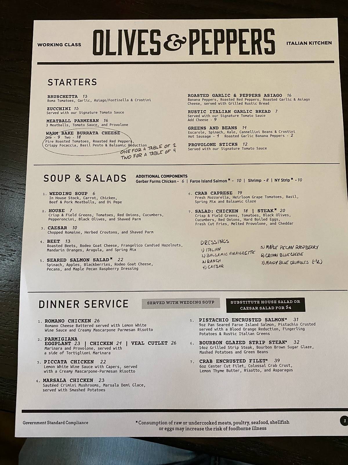 Menu at Olives and Peppers pizzeria, Greensburg