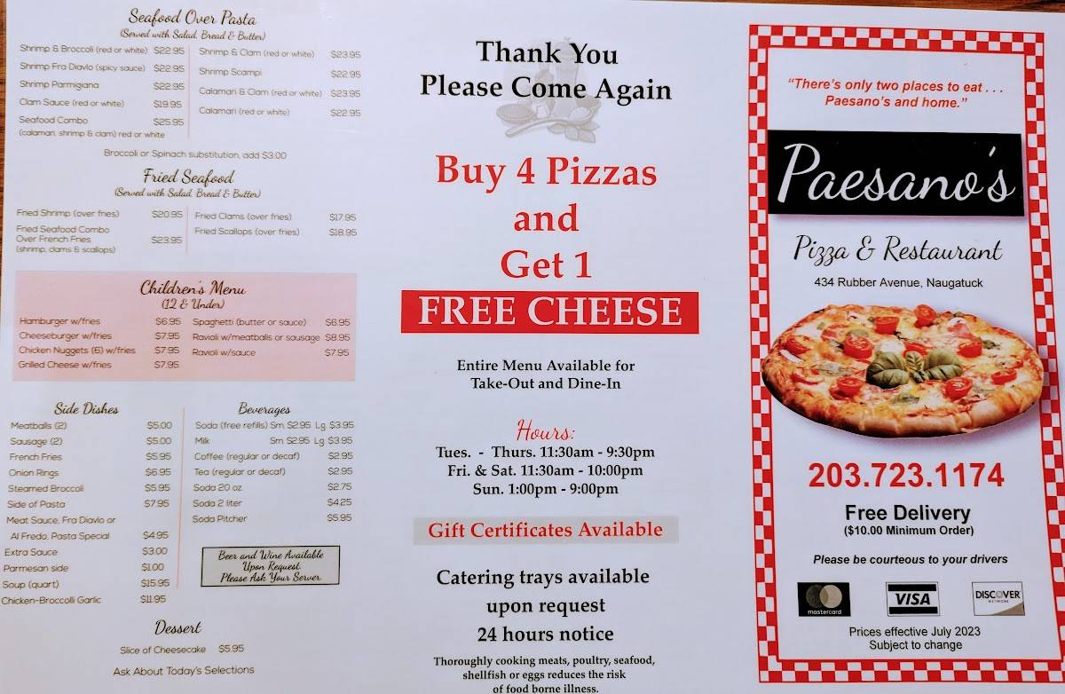 Menu at Paesano's Pasta House Restaurant, Naugatuck