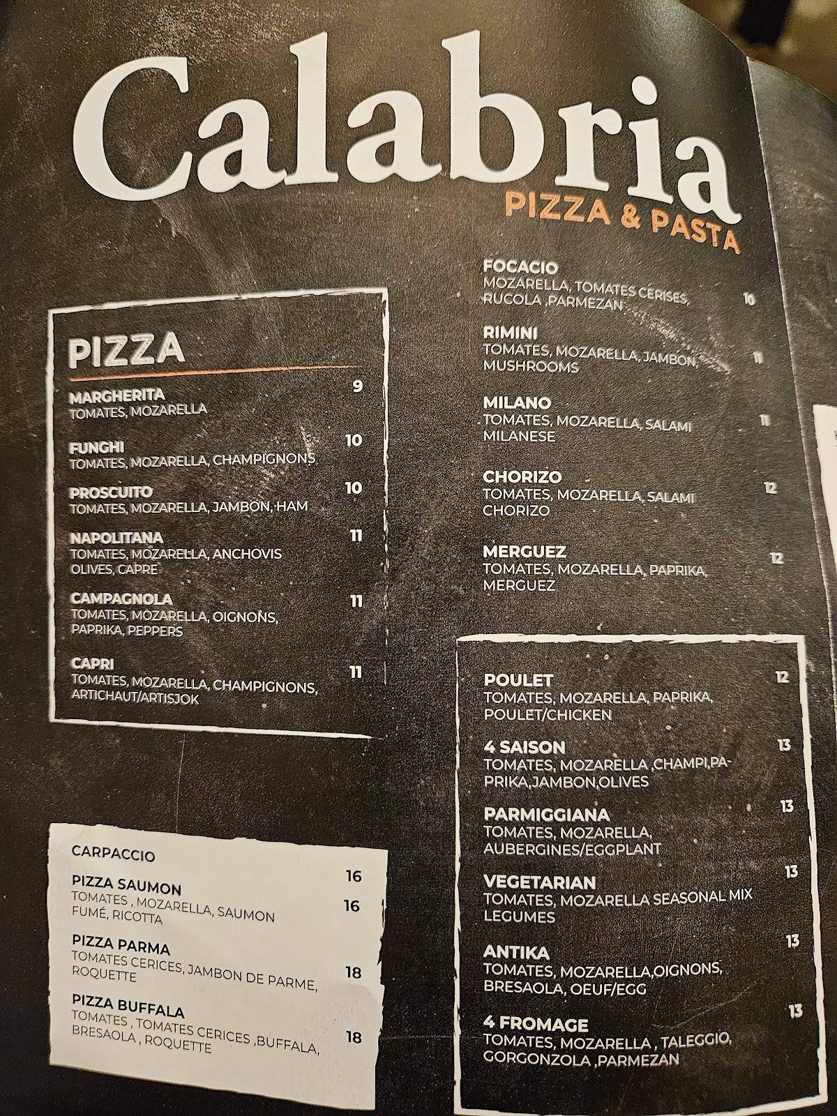 Menu de Pizzeria Pasta Calabria