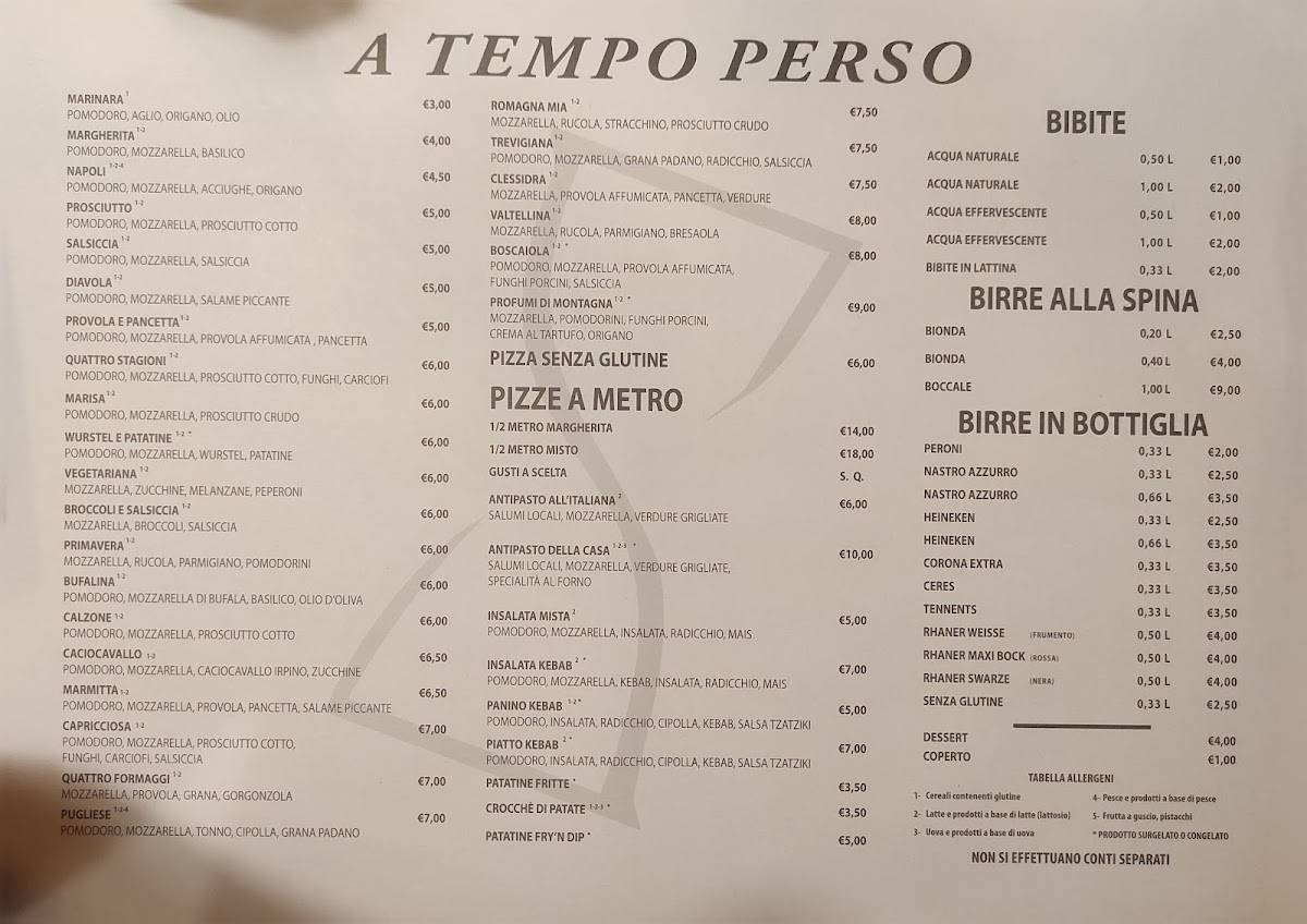 Menu di Pizzeria a Tempo Perso 