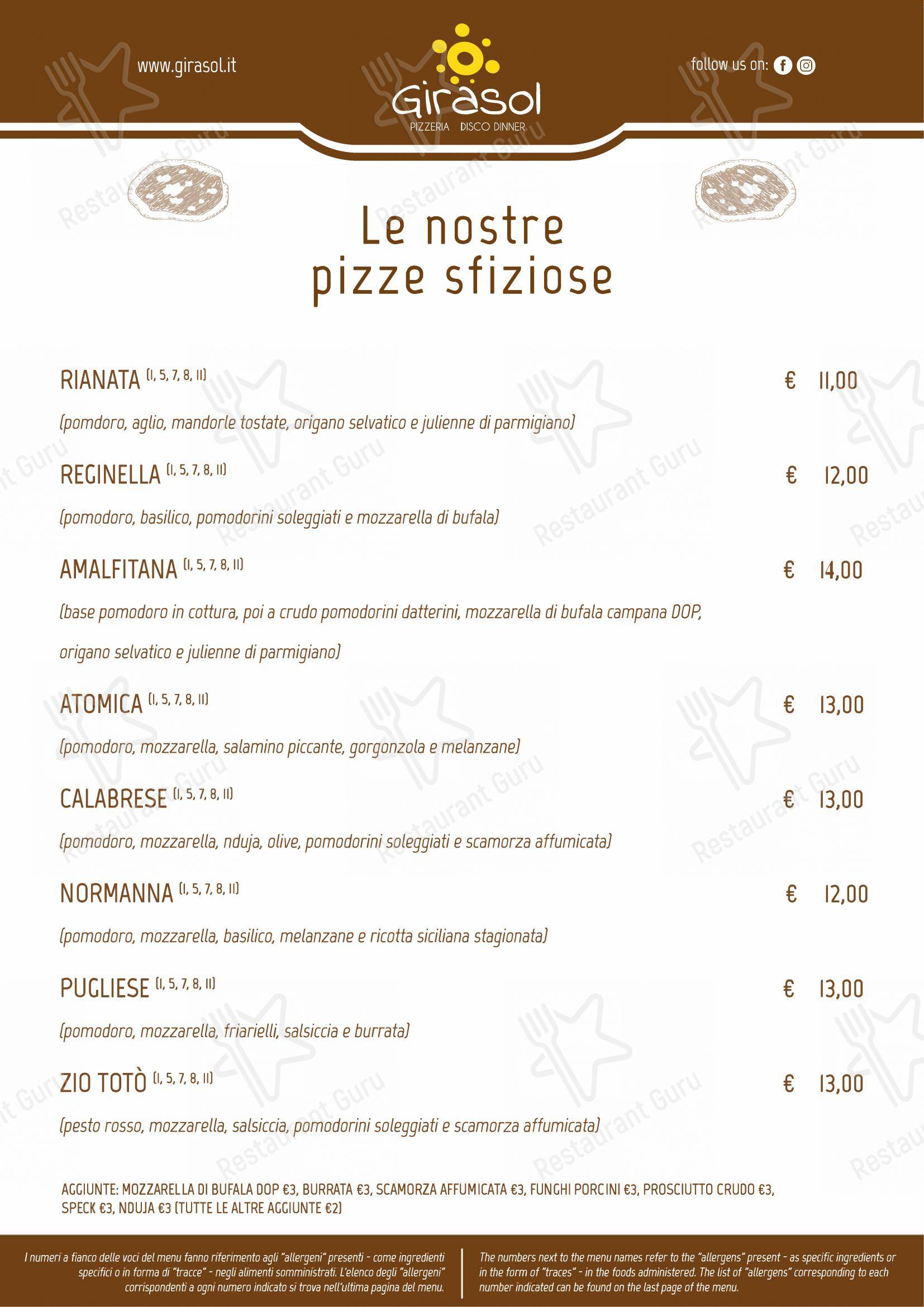 Основное меню per Pizzeria Ristorante Girasol in Firenze