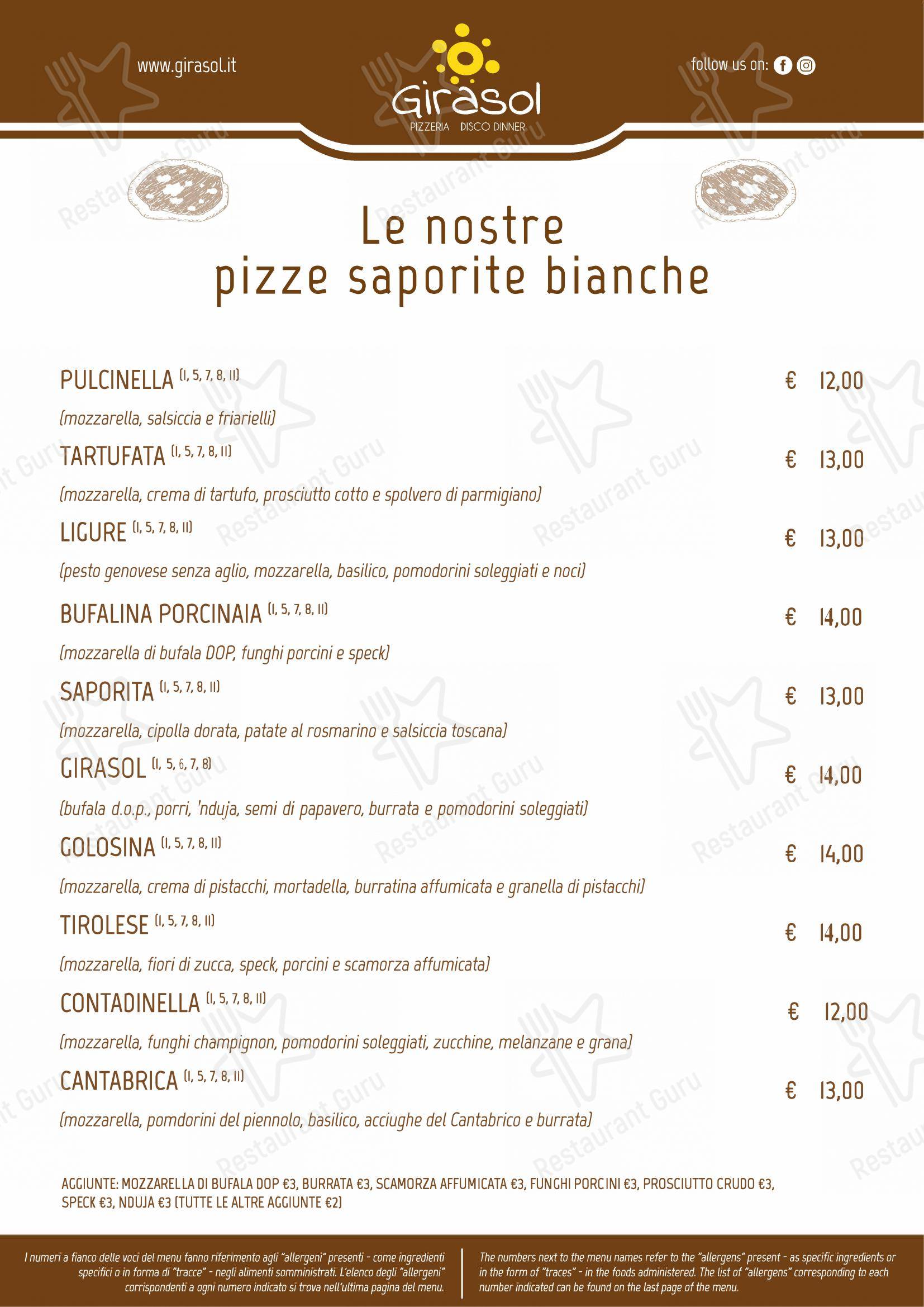 Основное меню per Pizzeria Ristorante Girasol in Firenze