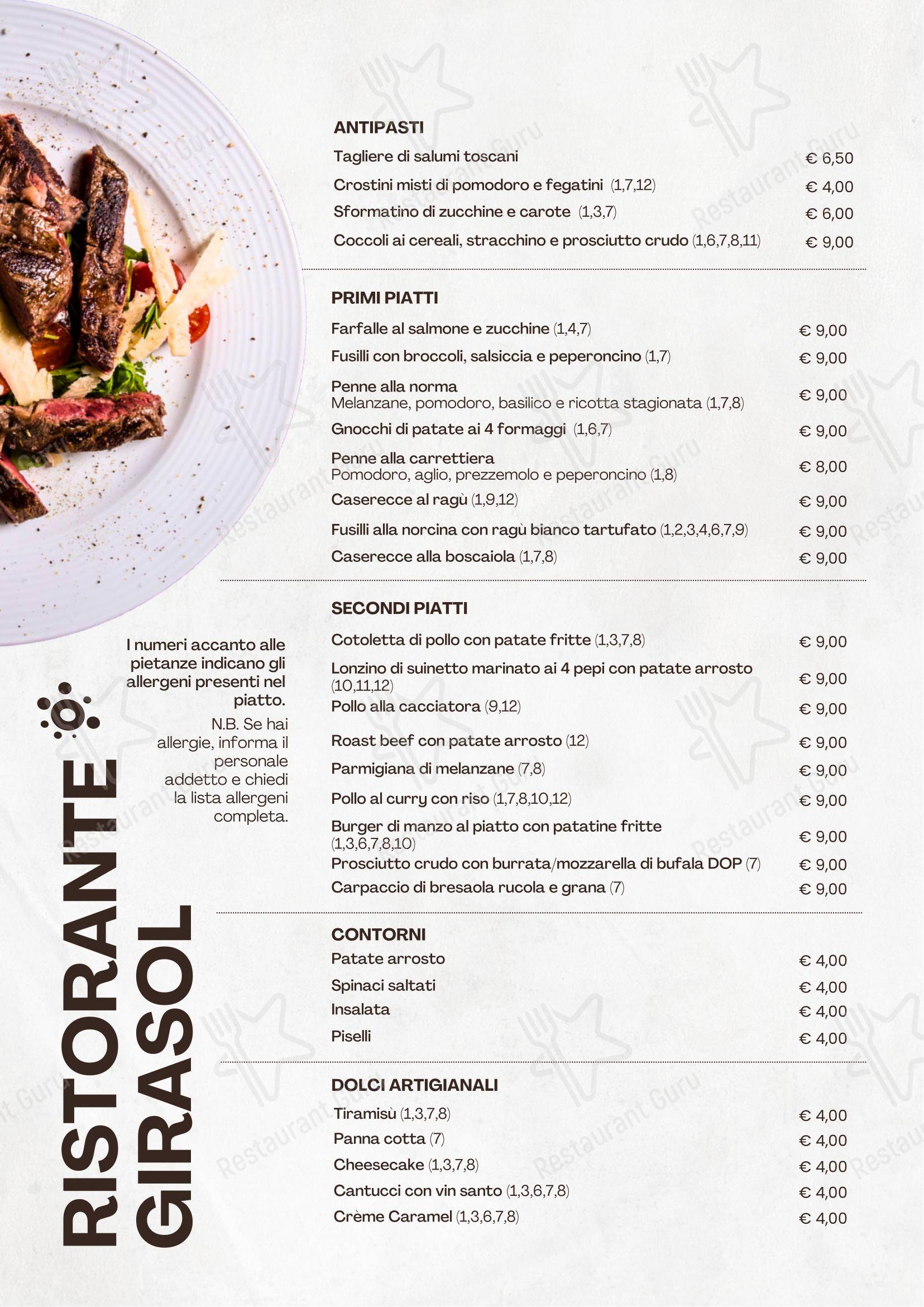 Menu di Pizzeria Ristorante Girasol - Menu bar