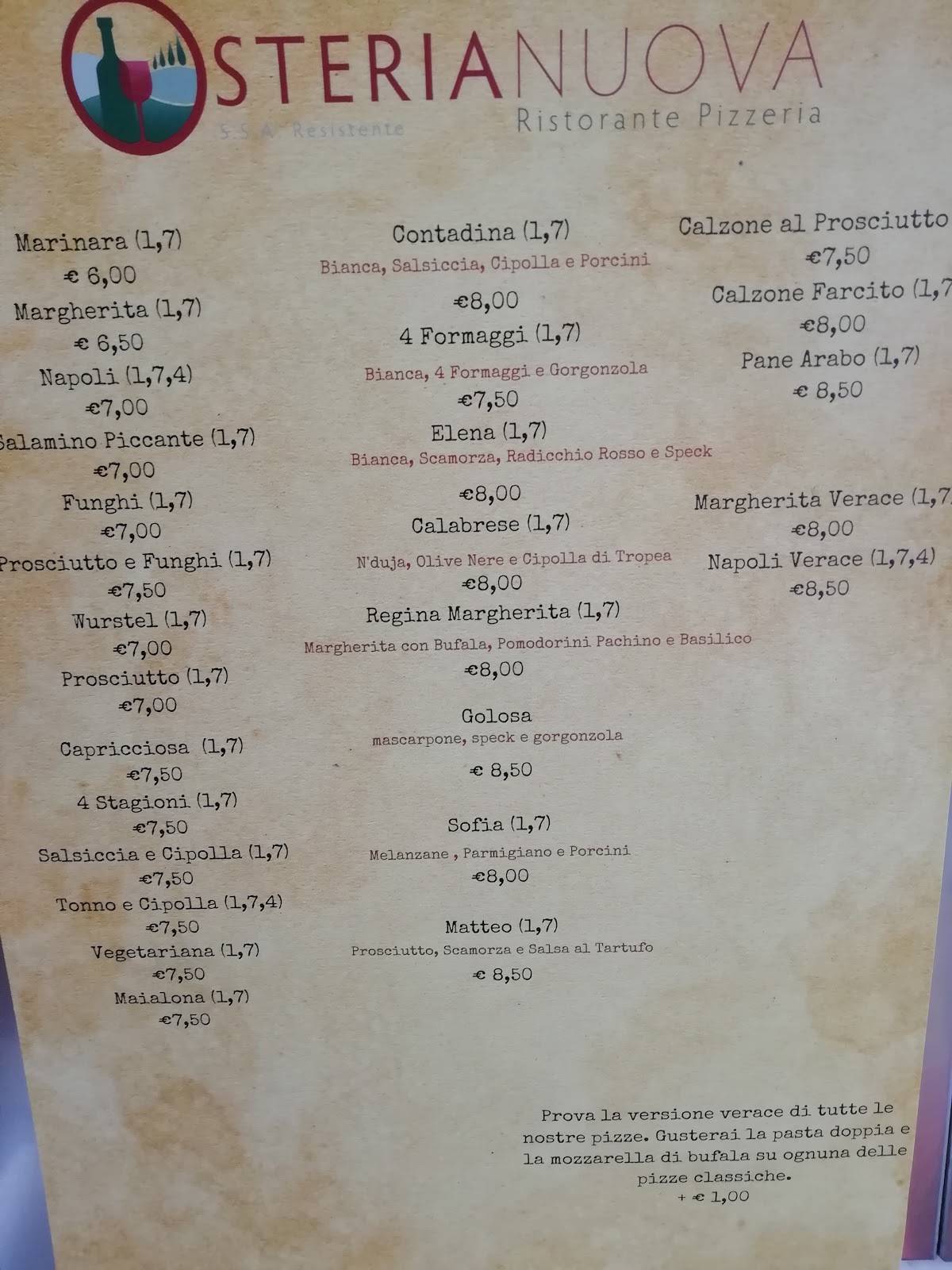 Menu di Pizzeria S.s.a. Resistente 