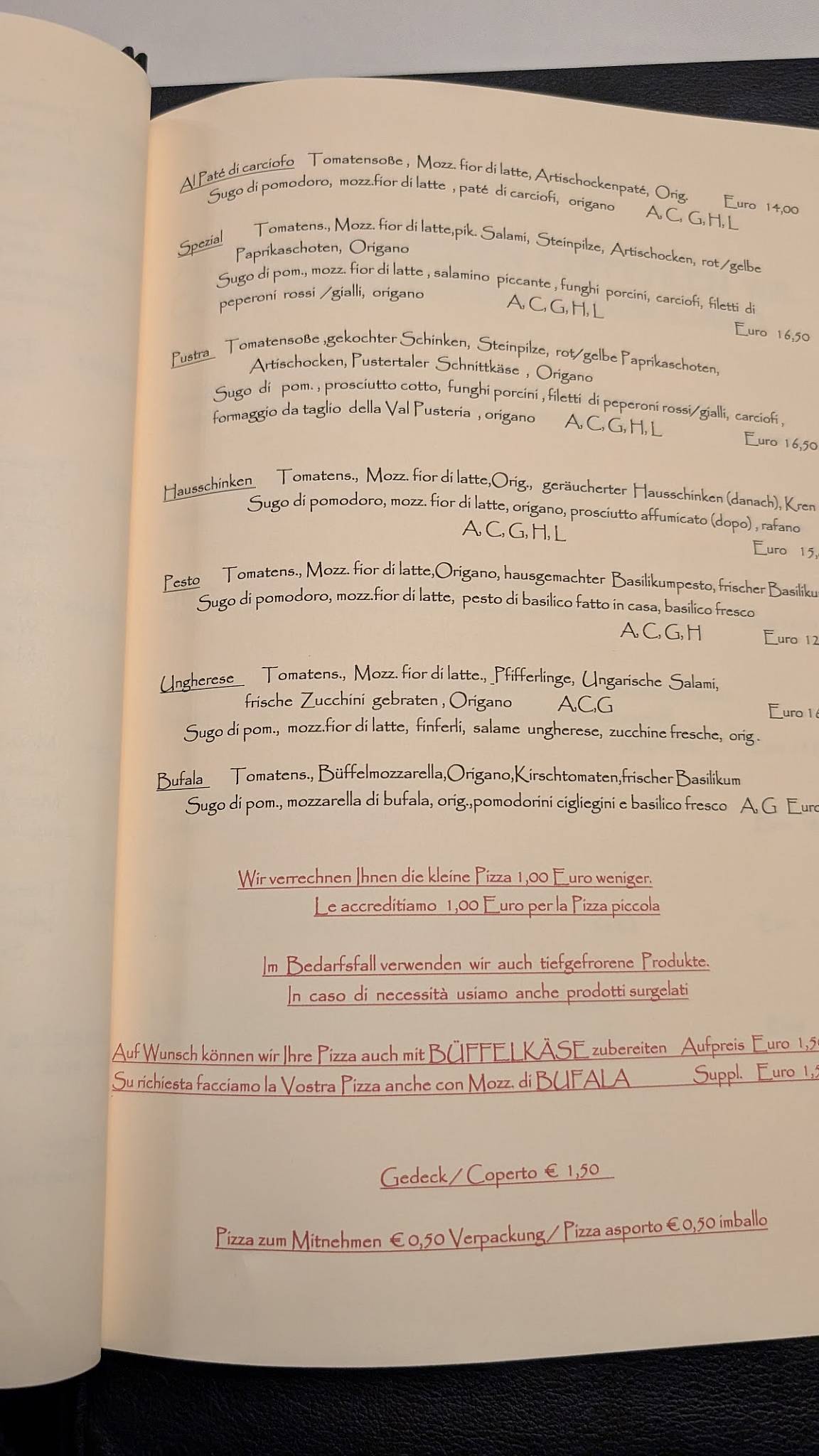 Menu di Pizzeria Zur Traube 