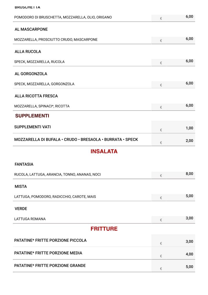 Menu di Pizzeria al Rustico 