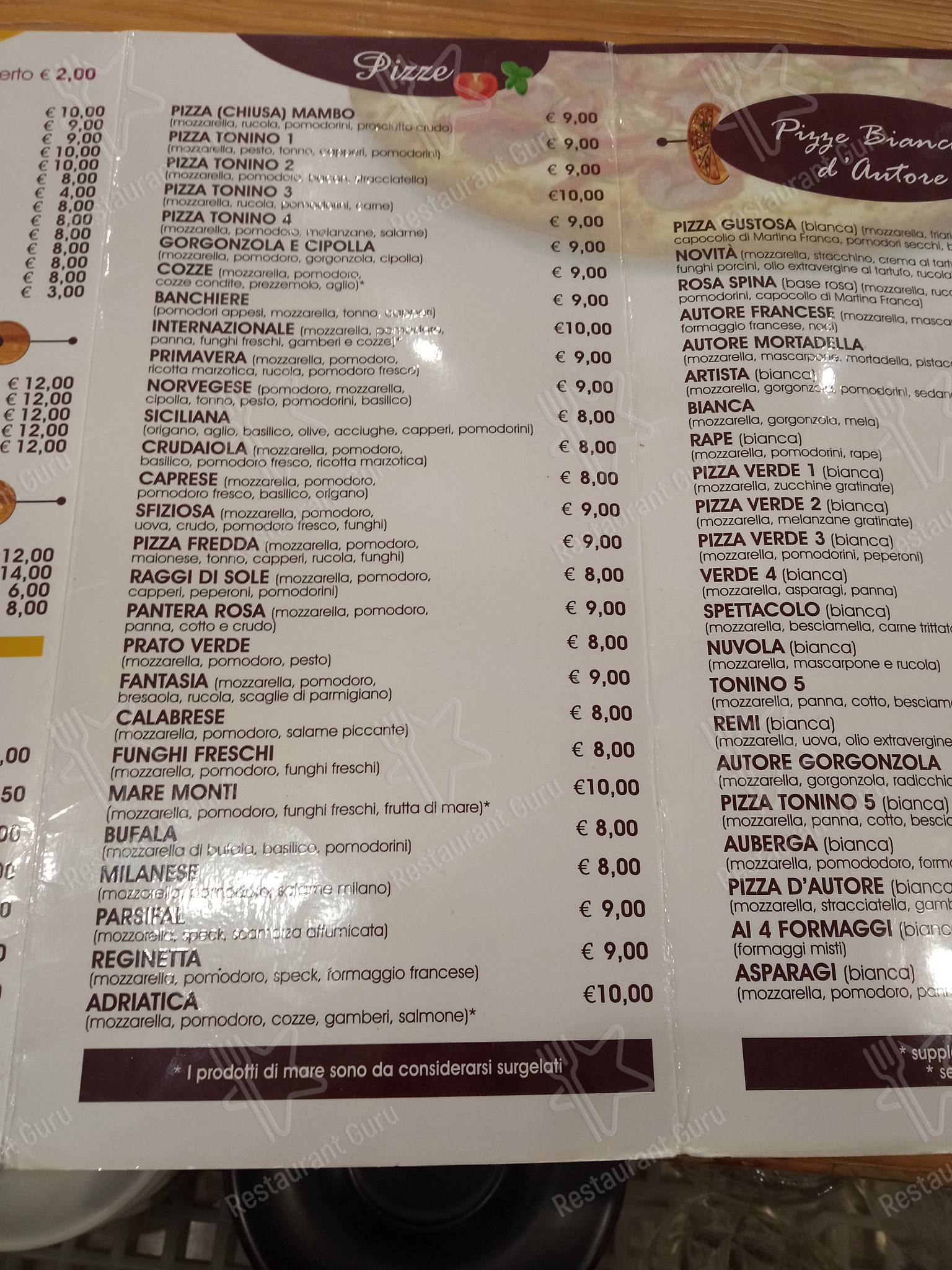 Menu di Pizzeria d'Autore - piatti e bevande
