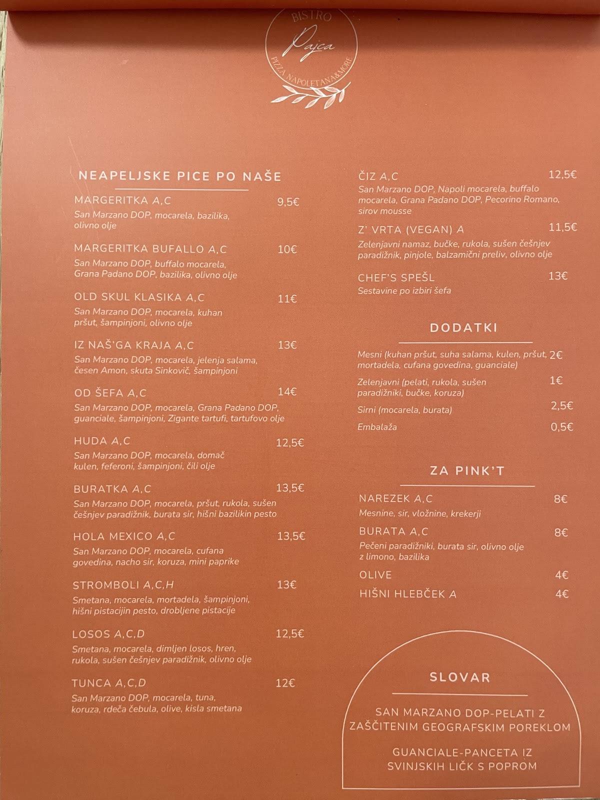 Menu di Picerija Pajca 