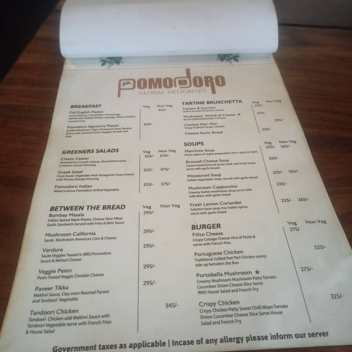 Pomodoro Cafe and Lounge menu