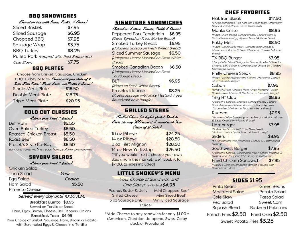 Menu at Prasek's Family Smokehouse restaurant, Sealy