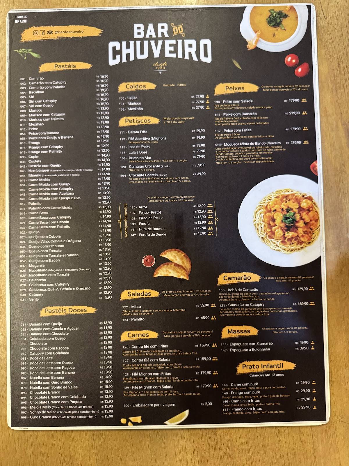 Bar do Chuveiro Unidade Bracuí cardápio