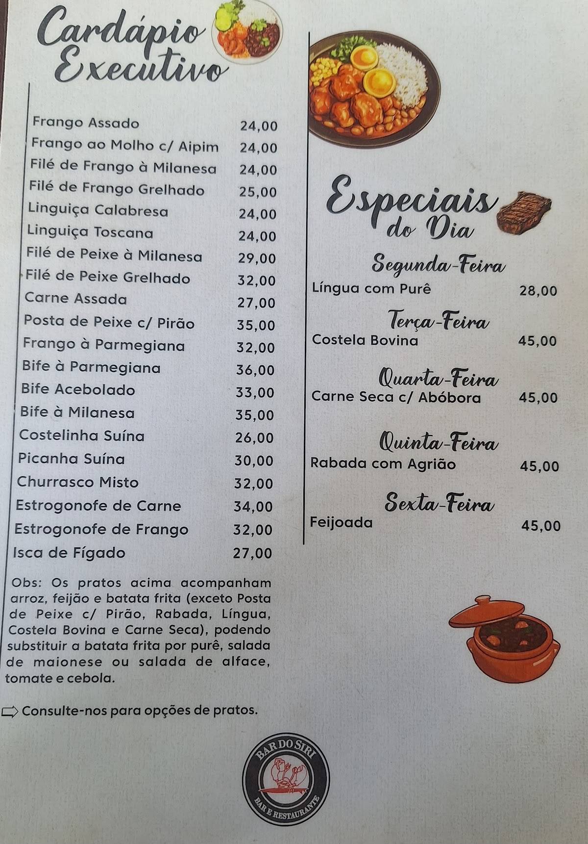 Bar do Siri cardápio