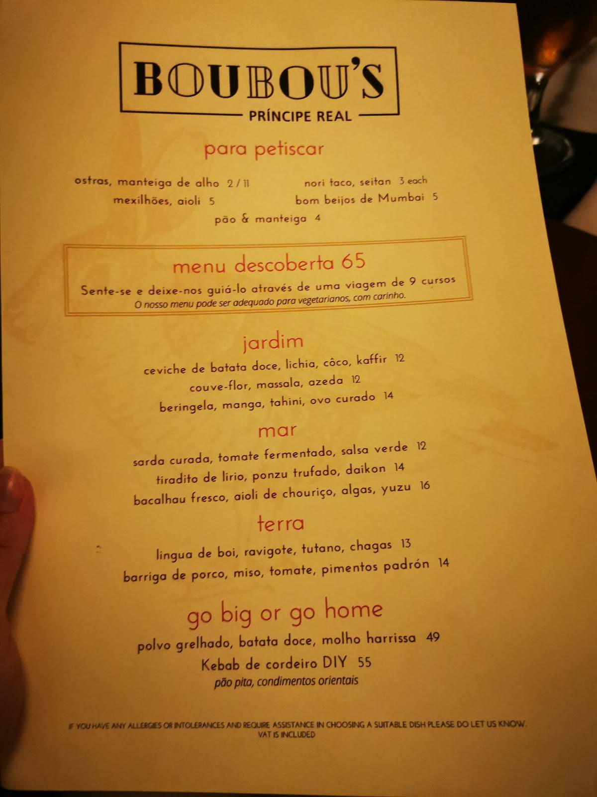 Menu at BouBous restaurant, Lisbon, R. Monte Olivete 32A